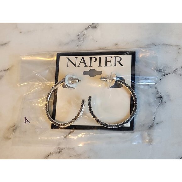 Napier Silver-Tone Black Crystal Hoop Earrings - Picture 2 of 4
